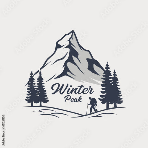 Mountain hiker in winter landscape logo peak trekking