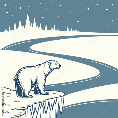 Polar Bear on Ice Cliff by Winding Road in Winter vector