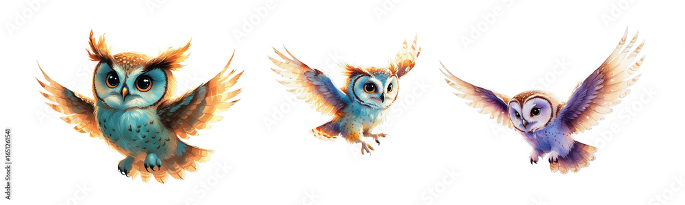 Obraz premium Beautiful watercolor illustration of three flying owls with outstretched wings, isolated on transparent background. Perfect for nature-themed designs, wildlife art, invitations, and digital projects.