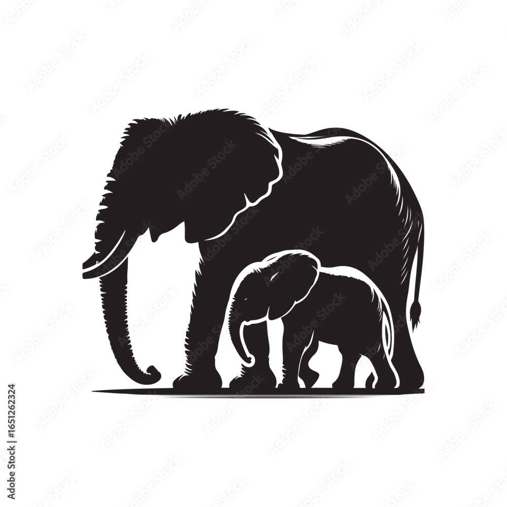 Fototapeta premium elephant with baby vector silhouette clip art logo design illustration. elephant baby icon set collections.