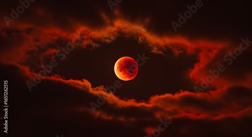Blood Moon in a Fiery Sky, Lunar Eclipse Surrounded by Dramatic Red Clouds and Darkness
