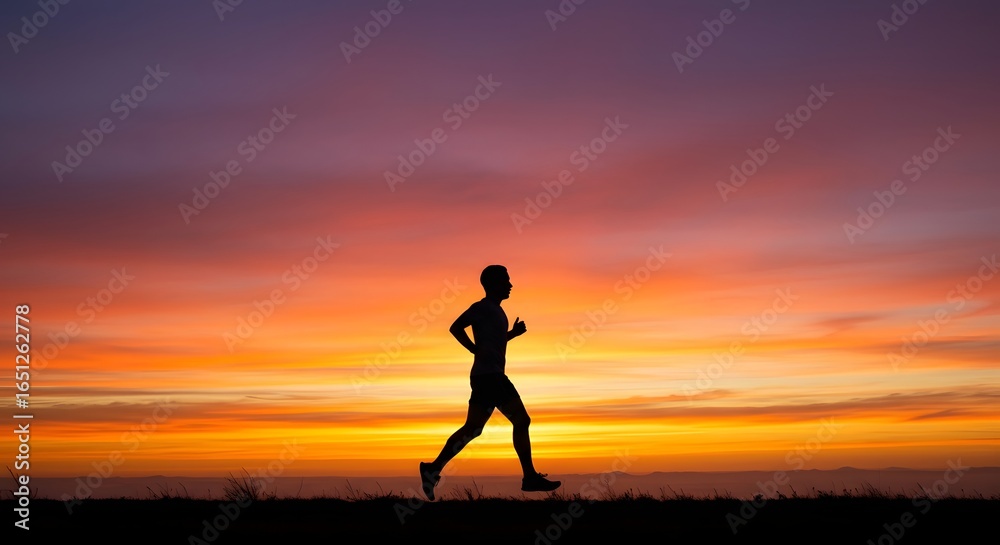 Fototapeta premium Silhouette Runner Against Sunset: The silhouette of a determined individual runs gracefully against the backdrop of a vibrant sunset, embodying fitness and perseverance.