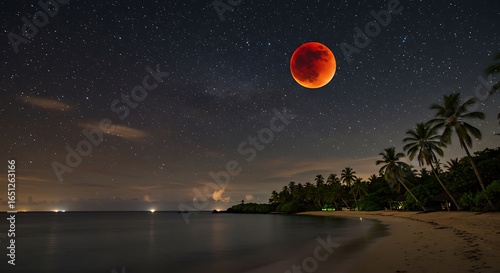 Crimson Moon Over Tropical Shores, Dreamy Beach Nightscape with Blood Moon and Stars