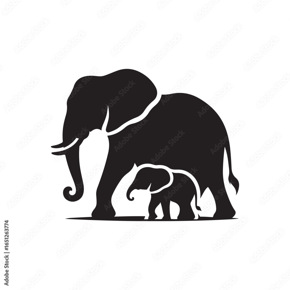 Fototapeta premium elephant with baby vector silhouette clip art logo design illustration. elephant baby icon set collections.