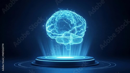 Futuristic digital brain glows bright blue The brain rests on a platform emanating light representing ideas knowledge intelligence and advanced technology concept