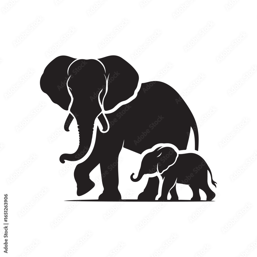 Fototapeta premium elephant with baby vector silhouette clip art logo design illustration. elephant baby icon set collections.