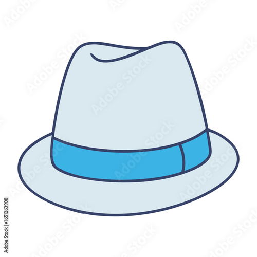 Illustration of a classic light blue fedora hat with a blue band accessory for fashion design