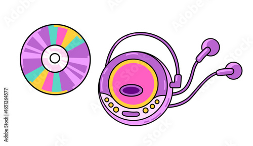 CD player and music compact disk. Retro technology 90s. Colorful cartoon element. Isolated vector illustration.