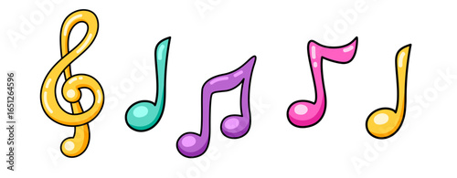 Musical notes and treble clef. Collection of musical cartoon elements. Isolated vector illustration.