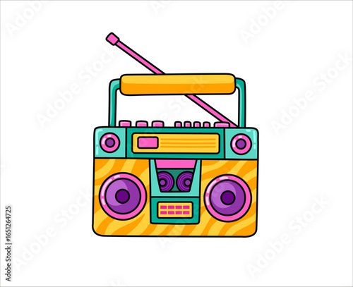 Boombox retro colorful tape recorder. Cartoon element. Isolated vector illustration.