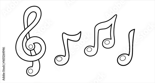 Musical notes and treble clef. Collection of musical outline elements. Isolated vector illustration.