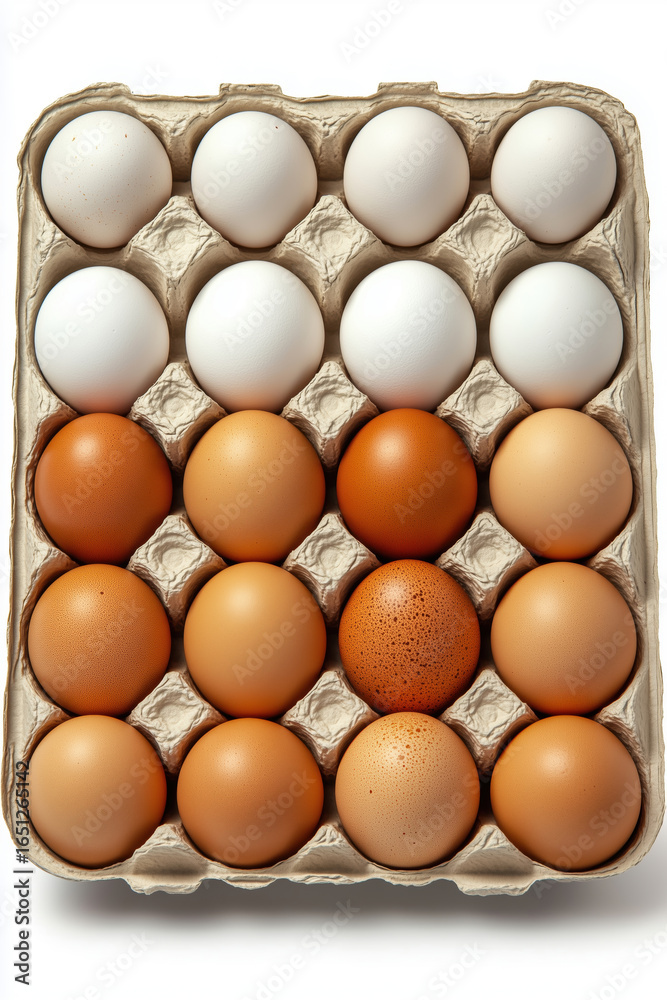 White and brown chicken eggs in simple recycled cardboard carton, top view, isolated on white background, eco-friendly and clean presentation. White and brown chicken eggs in simple recycled cardboard carton, top view, isolated on white background, eco-friendly and clean presentation.