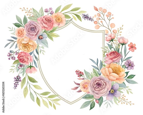 Elegant watercolor floral frame with soft pastel roses and delicate greenery framing a central empty space for text