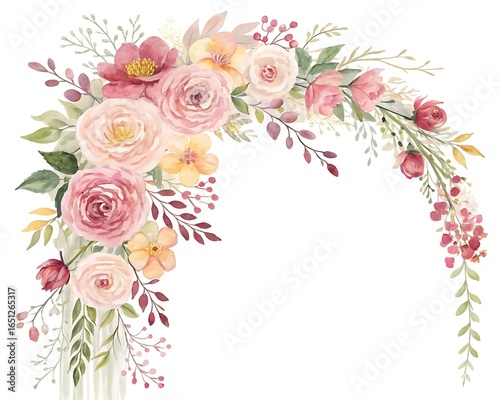 Elegant watercolor floral arrangement featuring soft pink and peach roses with delicate greenery and accent flowers in a corner design
