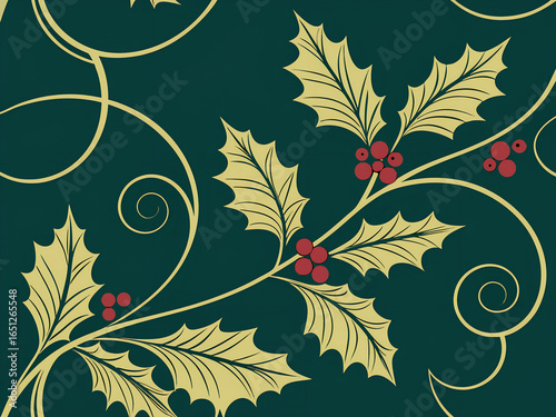 Elegant green background with golden holly leaves and swirling vines for festive holiday designs