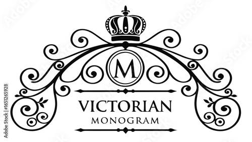 Victorian monogram with crown and letter m in circle with decorative flourishes and text elements design