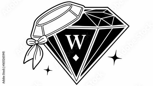 A black and white diamond with a ribbon and a letter w in the middle with stars around it
