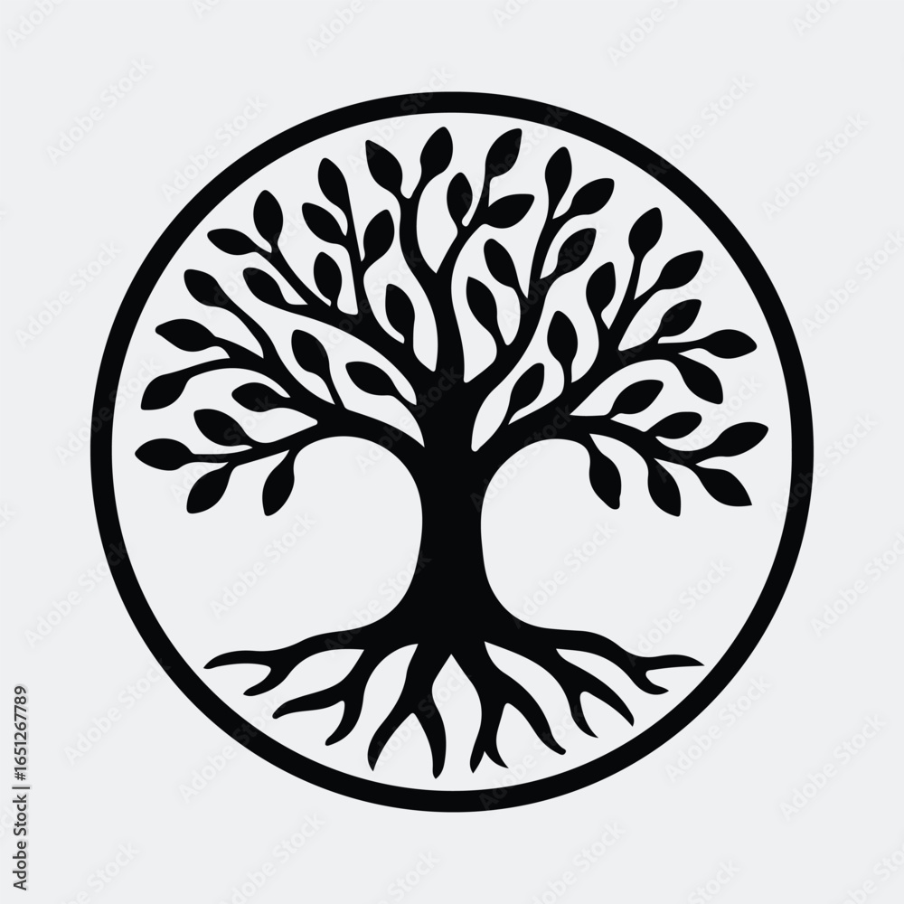 Silhouette tree of life branches and roots inside a circle vector illustration