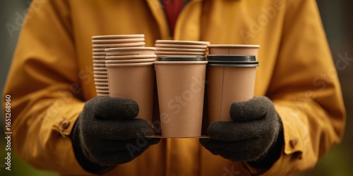 Warm beverages being carried in a tray by a person in a yellow jacket during autumn