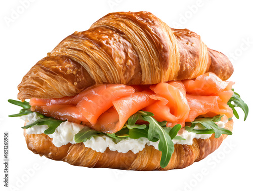 Croissant Sandwich: A delectable croissant sandwich filled with savory smoked salmon and fresh green arugula, showcasing a tempting food composition.