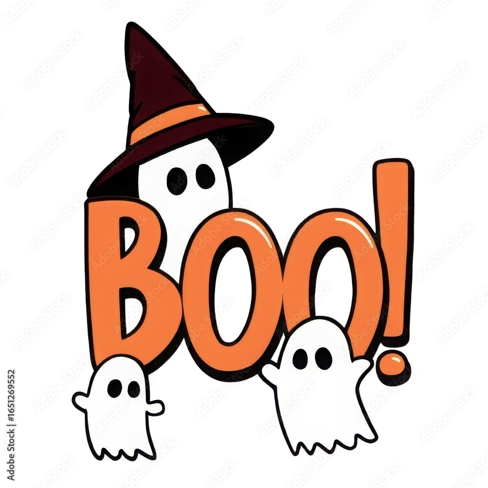 Fototapeta premium Cute halloween boo ghosts and witch hat isolated on transparent background