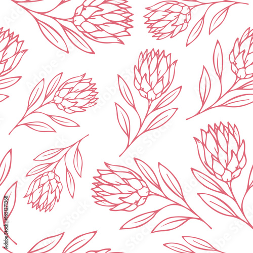 pattern with twigs with leaves and an open bud of proteas drawn with a pink outline in line art style, for postcards, posters or business cards
