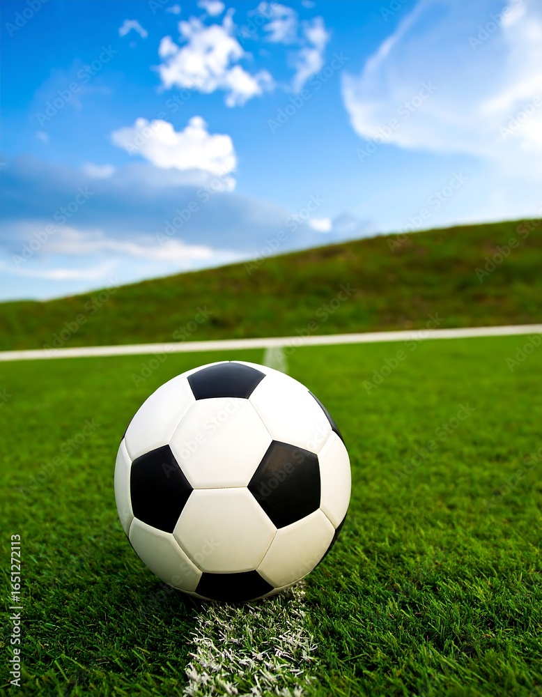 Fototapeta premium Soccer ball on field under blue sky