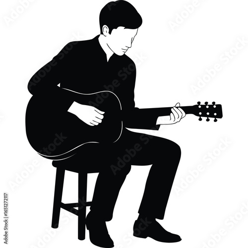Man Playing Acoustic Guitar, Black and White Silhouette Illustration