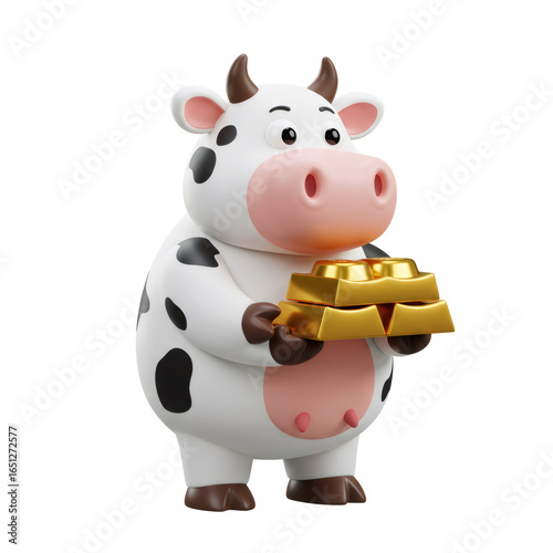 3D Cartoon Cow Holding Gold Bars on Transparent Background