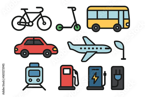 Various modes of transportation illustrated in vector style