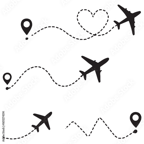Line path vector icons of an airplane flight routes with start point and dash line trace vector