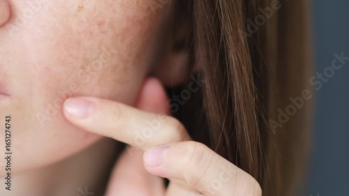 Freckles close-up, young woman's face with freckles, pigmentation problem