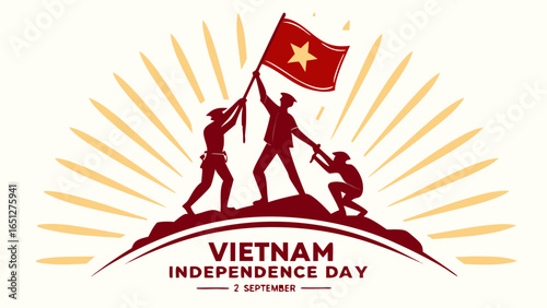 Silhouette vector illustration of Vietnamese people and soldiers raising national flag with rising sun background for Vietnam Independence Day patriotic poster.