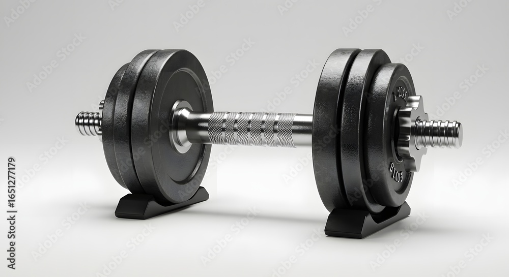 Naklejka premium Dumbbell for Bodybuilding: A close-up shot of a sleek, black dumbbell, meticulously crafted with metal plates, perfectly balanced and ready for a challenging workout.
