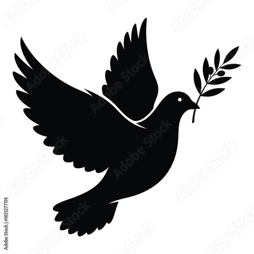 Dove of Peace Silhouette with Olive Branch Symbolizing Hope and Harmony Vector Graphic Design Element
