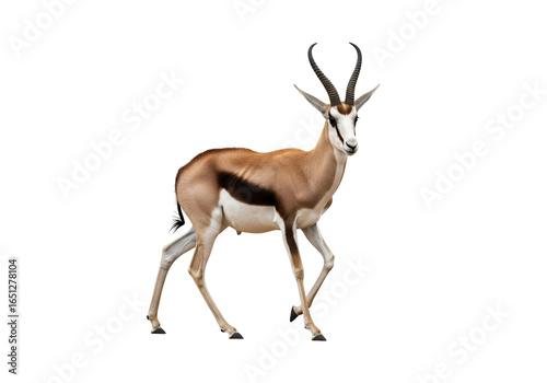 A springbok antelope, showcasing its graceful posture against a striking black background.