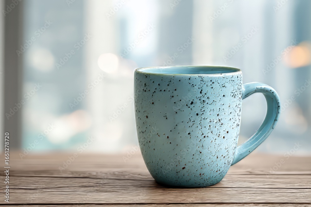 Fototapeta premium Blue speckled ceramic mug on a wooden table with a blurred background