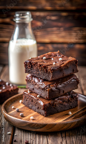 Stack of rich chocolate brownies with a drizzle of glaze and a bottle of milk