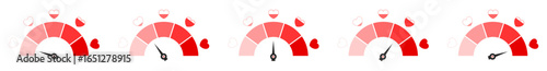 Creative love meter gauge icons showing different levels with heart symbols. Ideal for app UI, game health bars, romantic designs, rating, feedback, and infographic elements.