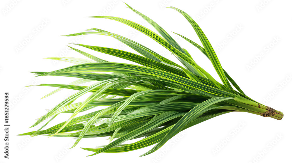 Fototapeta premium Freshly harvested green pandan leaves arranged beautifully, showcasing their vibrant color and lush texture.