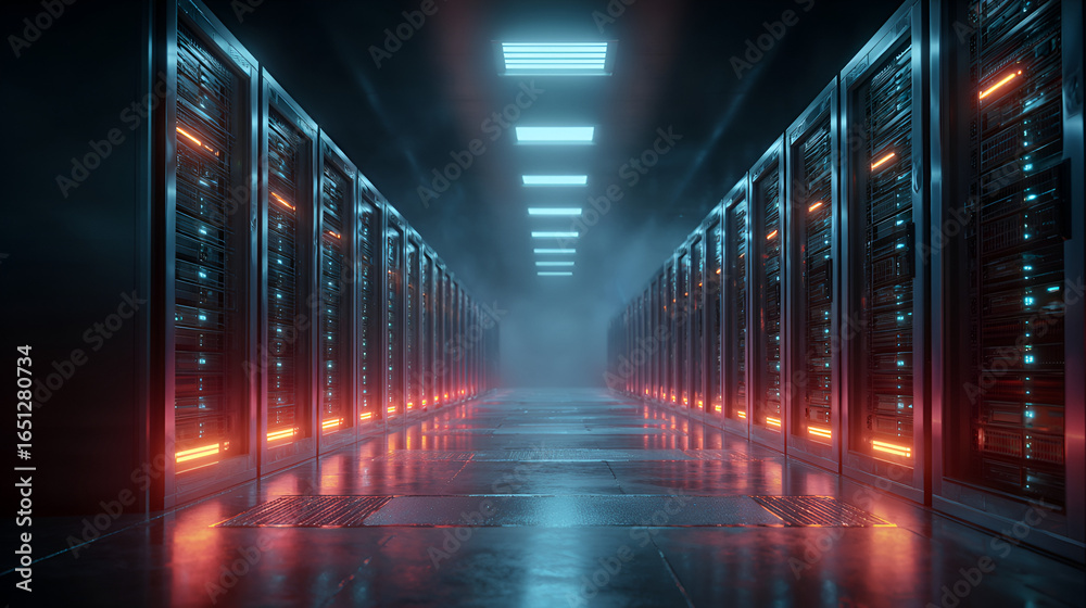 Fototapeta premium Cyberpunk Server Room: Futuristic Data Center Corridor with Neon Lighting and Foggy Atmosphere.