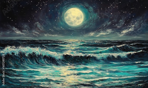 Vast ocean waves under a luminous moonlit sky
