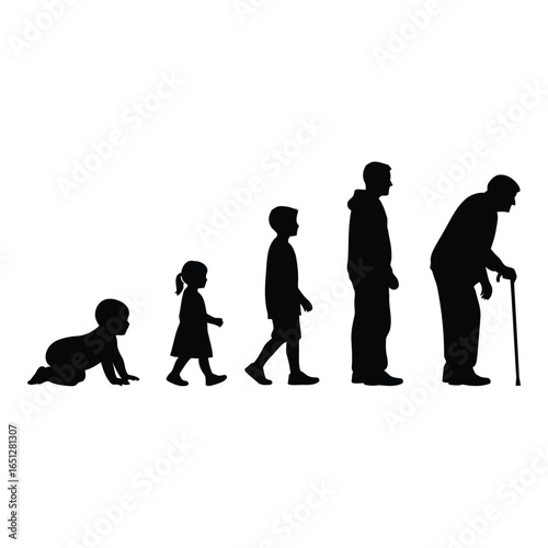 Human life cycle silhouette illustration representing stages of development and aging from infancy to old age