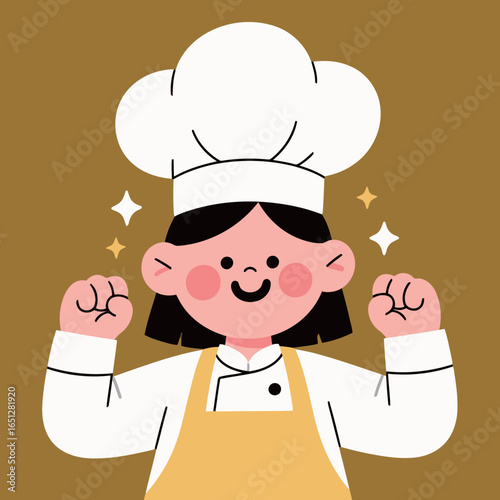 A happy female cartoon chef with a bob haircut and flushed cheeks, wearing a white uniform and a yellow apron, raising her fists confidently while twinkling stars float around her.