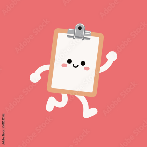 A cute cartoon clipboard character with a smiling face, two arms and legs, running or walking on a solid pink background, with an empty white paper sheet.