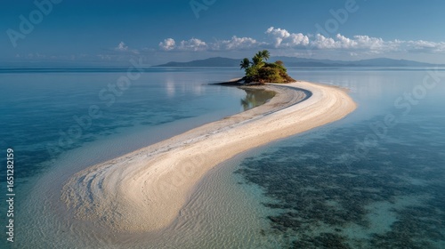 Island retreat Sandbar stretches out; mountains rise from the calm sea background