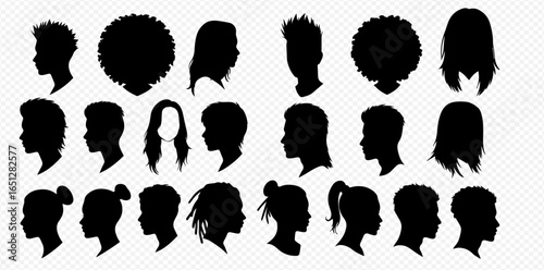 A collection of diverse human head silhouettes in profile, featuring various hairstyles for men, women, and children.
