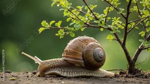 Captivating Close-Up of a Snail's Journey Near a Lush Green Sapling, Emphasizing Nature's Delicate Beauty and Peaceful Harmony, Ideal for Calming Content