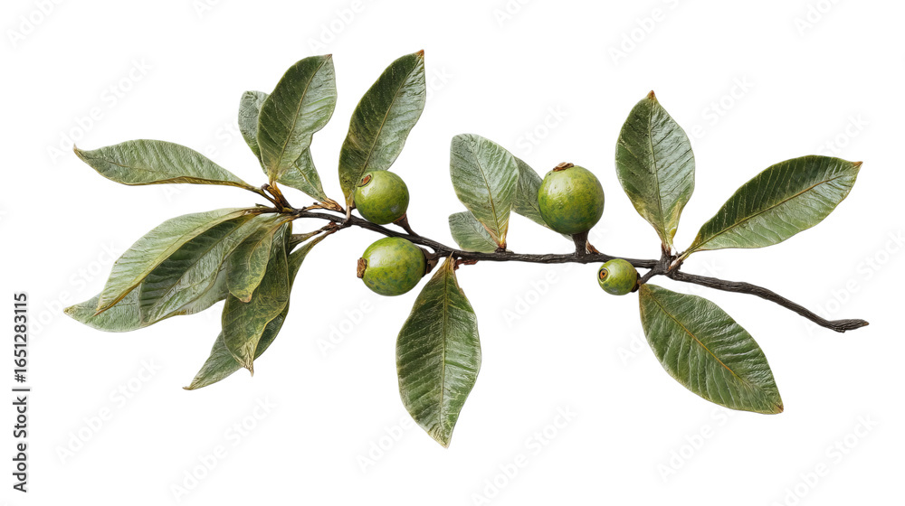 Fototapeta premium A close-up of a branch featuring green leaves and unripe fruits, symbolizing nature's growth and vitality.
