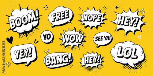 Comic-style speech bubbles with phrases like “BOOM!”, “FREE”, “NOPE”, and “LOL” on yellow background – dynamic pop-art design with bold text